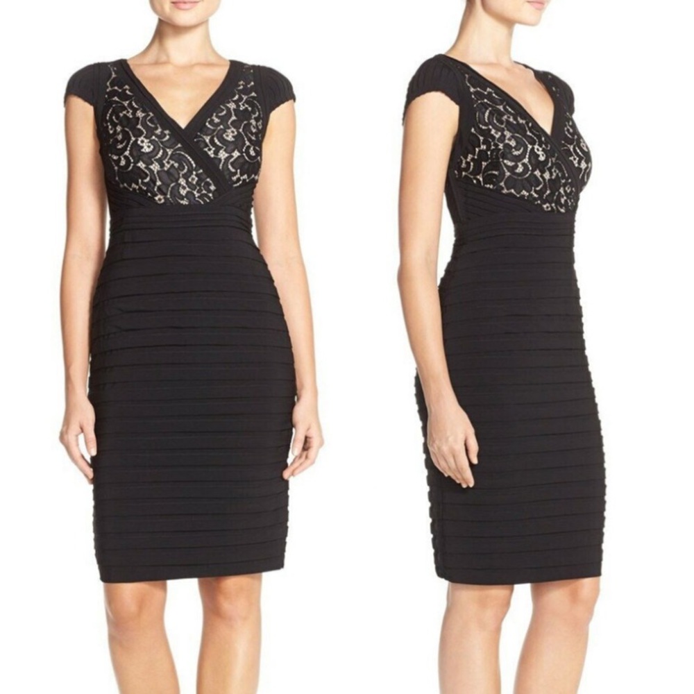 Adrianna Papell Lace & Jersey Sheath Dress Size 6 Black